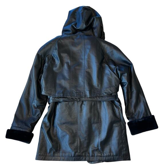 Leather Hooded Coat Removable Plush Lining - Picture 5 of 8
